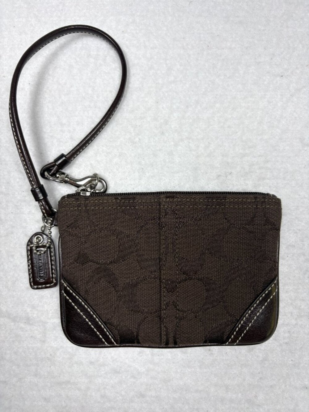 Coach Brown Signature Jacquard Leather Trim Wristlet Pouch Y2K Coquette Retro